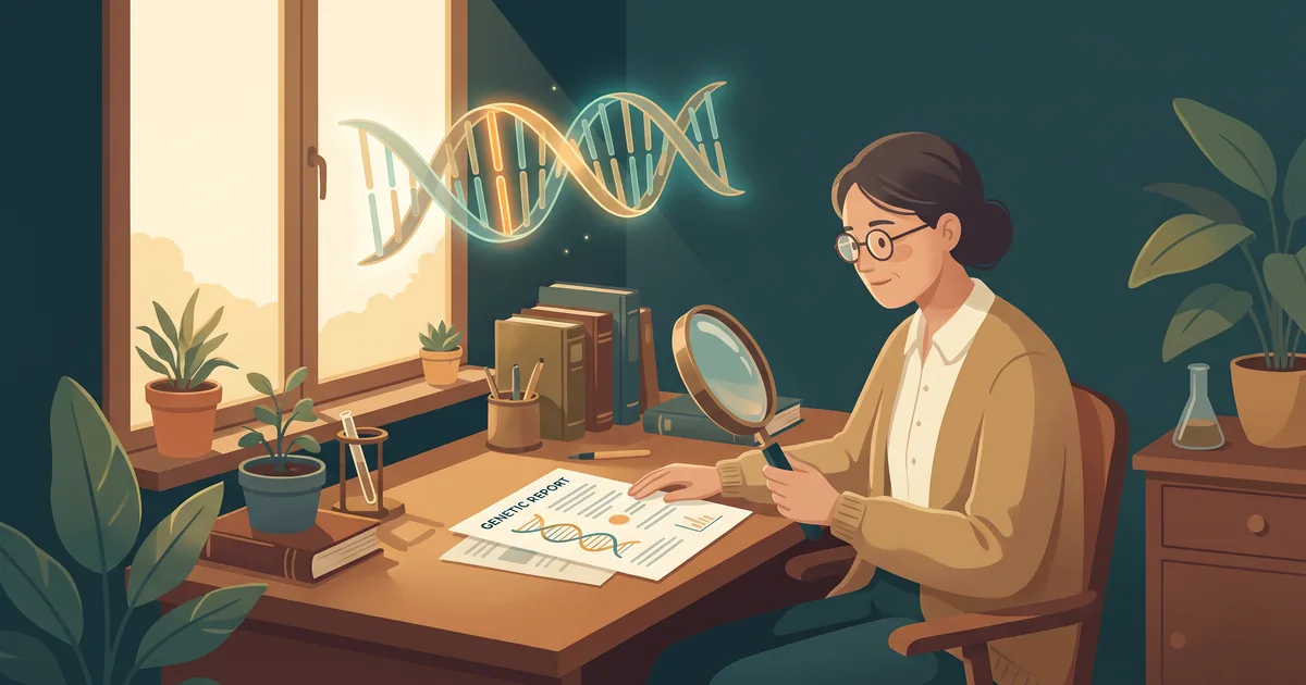 Científica examinando un informe genético con una lupa bajo una hélice de ADN luminosa